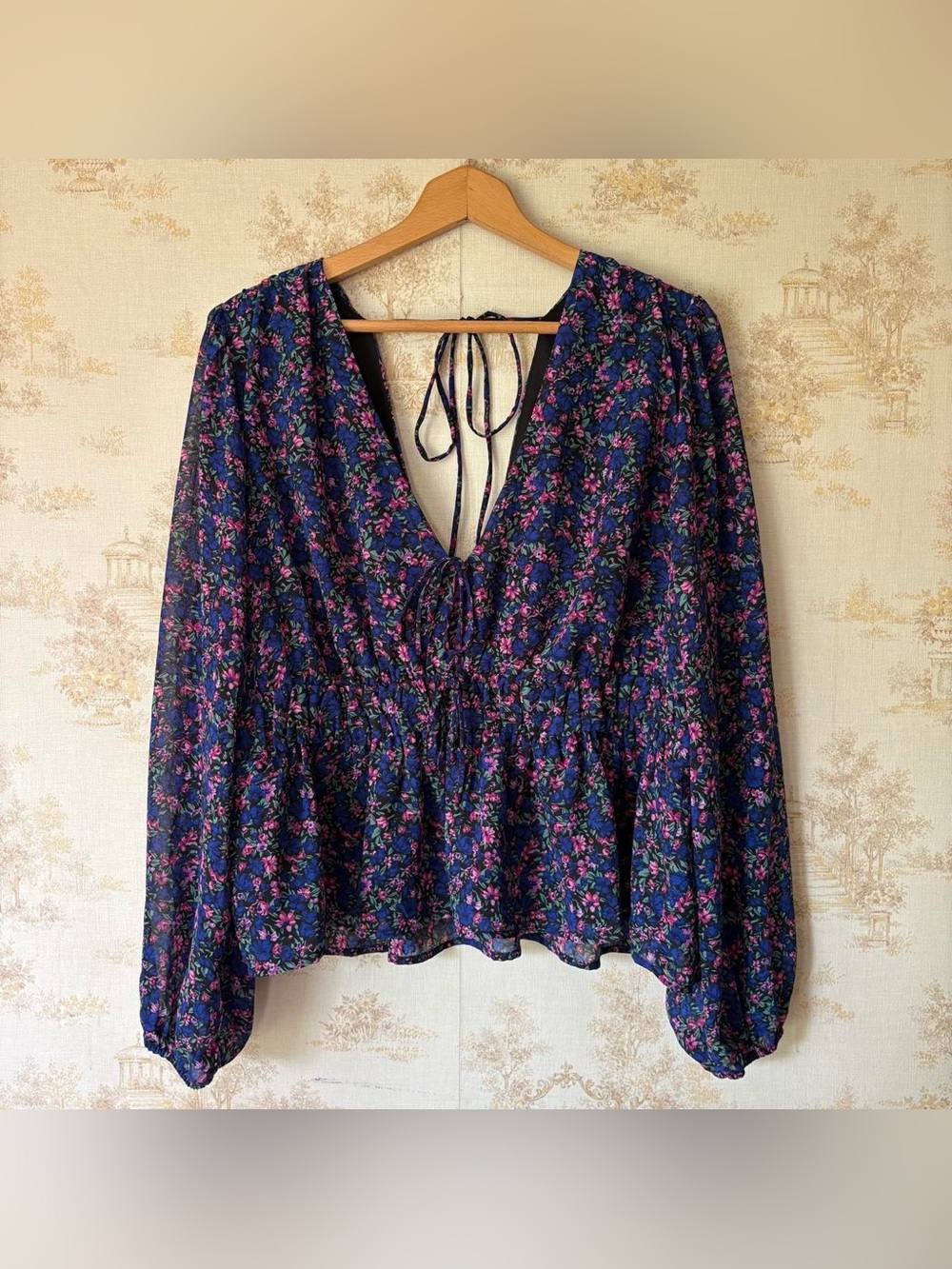 Arula Altar’d State Blue Floral Smocked Peplum Balloon Sleeve Peasant Top 1X NWT